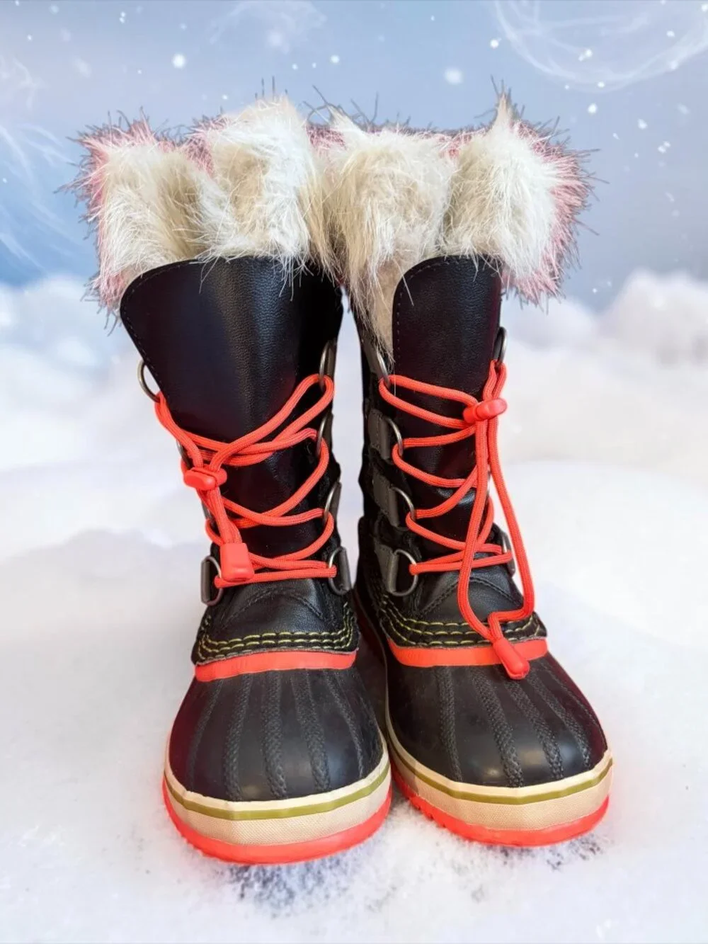 Sorel Kids Joan of Arctic Black and Neon Orange winter boots Sz 2